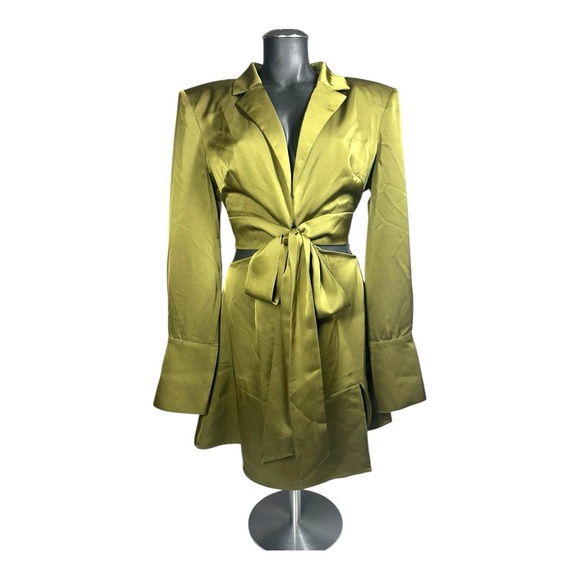 Amylynn Gia Satin Cutout Mini Dress Large NWT Olive Green Long Sleeves AL3006 - Picture 2 of 16